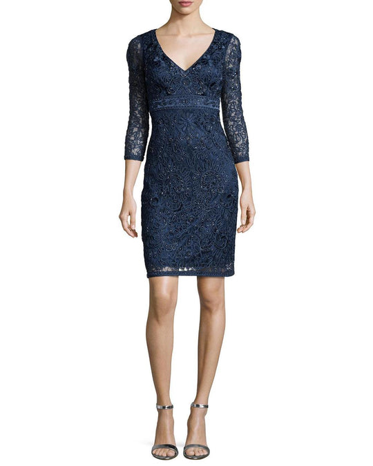 Sue Wong - Lace Embellished V-neck Sheath Dress N1133S in Blue