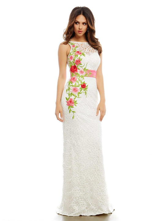 Mac Duggal Couture - 40530 Mesh and Floral Evening Gown In White and Multi-Color