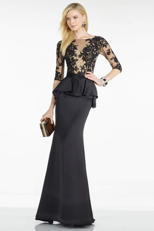 ALYCE PARIS BLACK LABEL - 5753 LONG PEPLUM PROM DRESS WITH LACE BODICE in Black