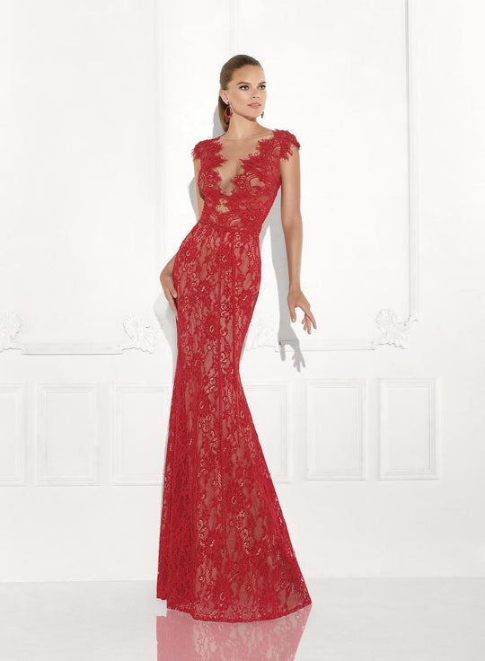 Tarik Ediz - 92794 Cap Sleeve Sheer Lace Evening Gown In Red