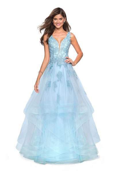 La Femme - 27256 Trailing Floral Lace Tiered Tulle Gown In Blue