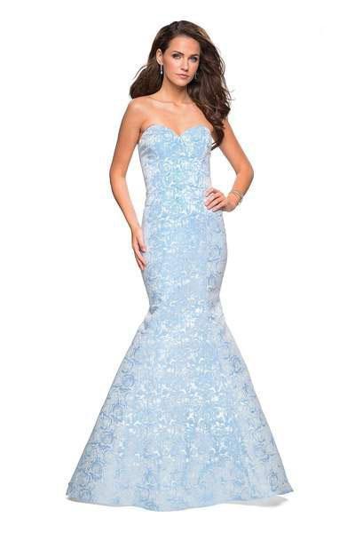 La Femme - Sweetheart Floral Jacquard Trumpet Gown 26975 In Blue
