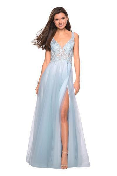 La Femme - 27621 Floral Embroidered A-Line Gown with Slit In Blue