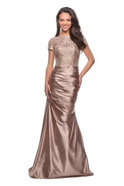 La Femme - 26404 Lace Bateau Ruched Trumpet Dress In Gold