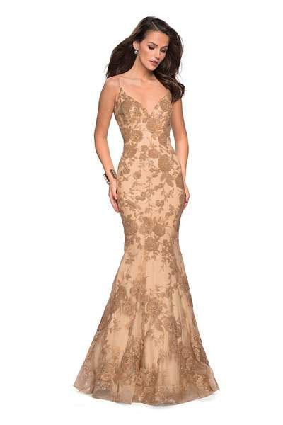 La Femme - 27285 Floral Sequined Plunging V-neck Mermaid Dress In Gold