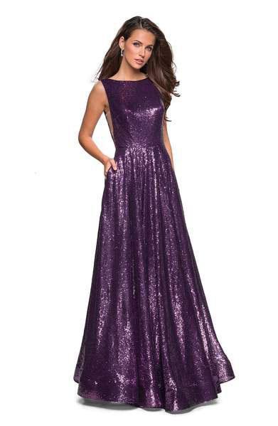 La Femme - 27061 Sleeveless Bateau Sequined A-Line Gown In Purple