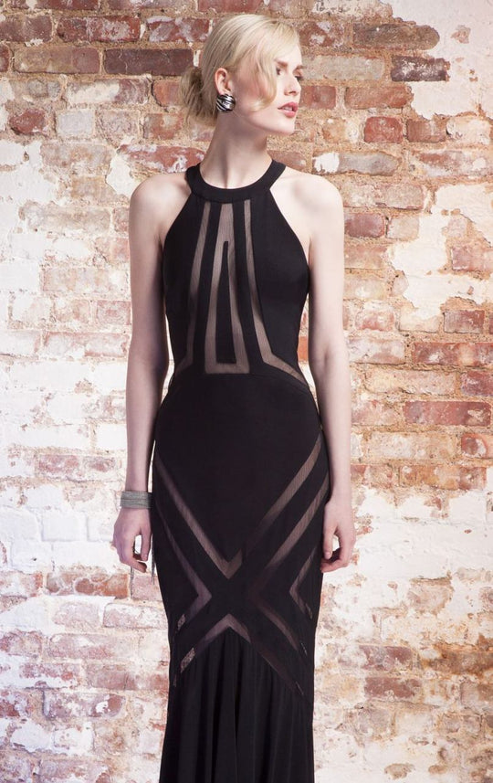 Mignon - LM1188 Haltered Illusion Evening Gown in Black