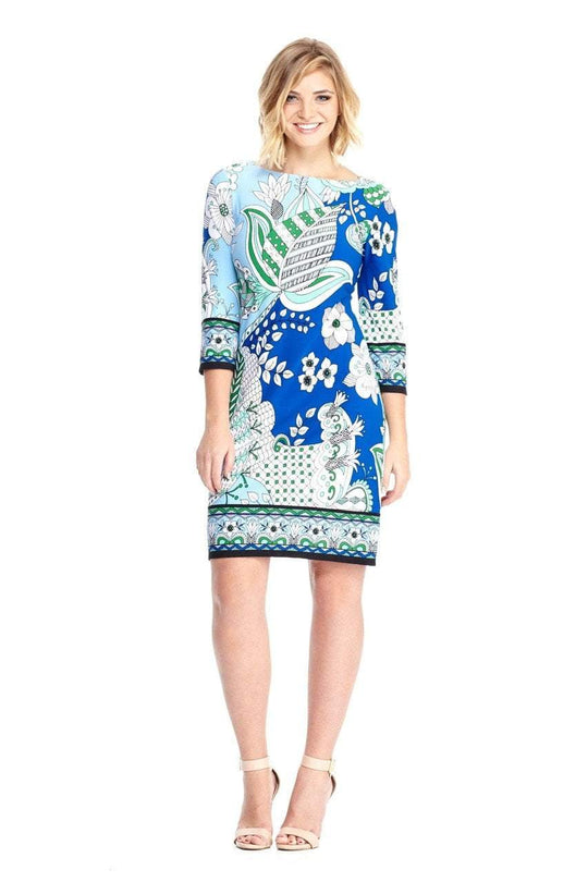 London Times - T2599MJC Quarter Sleeve Abstract Floral Dress in Blue and Multi-Color