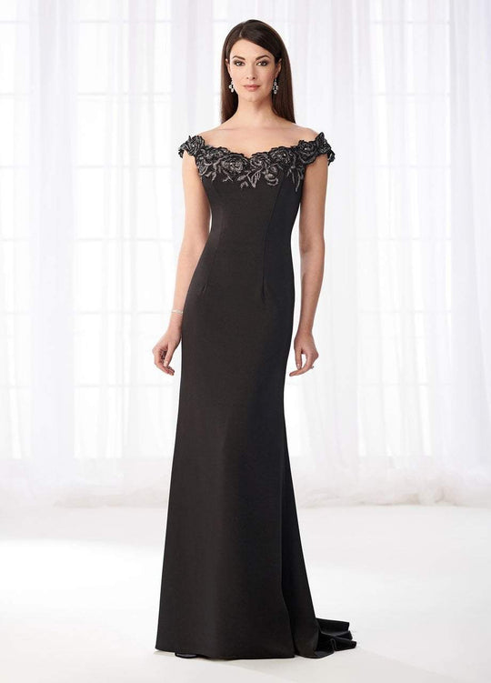 Cameron Blake - 218618 Metallic Lace Adorned Off Shoulder Long Gown in Black, Silver