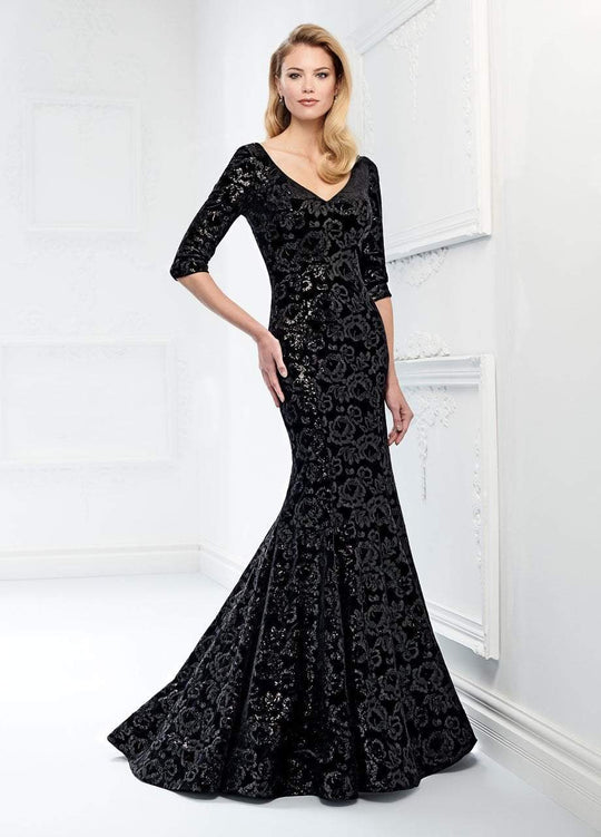Montage by Mon Cheri - 218909 Fitted V-Neck Trumpet Evening Gown in Black