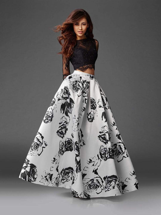 Clarisse Prom - 3579 Long Sleeve Lace and Floral Evening Gown in Black and White