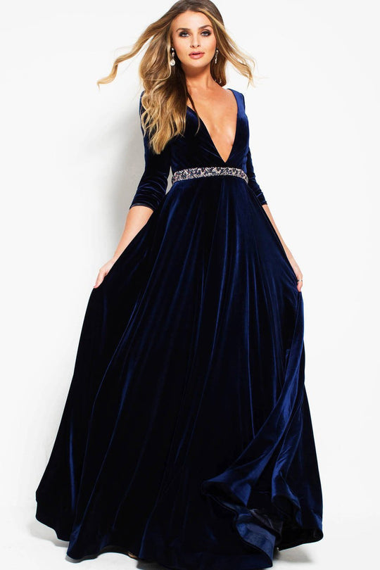 49769 Plunging V-neck Embellished Velvet A-line Gown