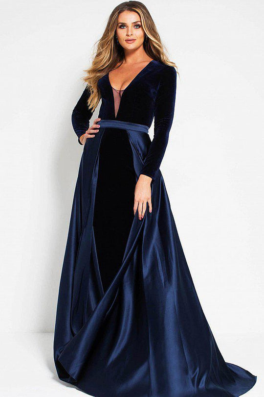51510 Velvet Deep V-neck A-line Dress With Overskirt