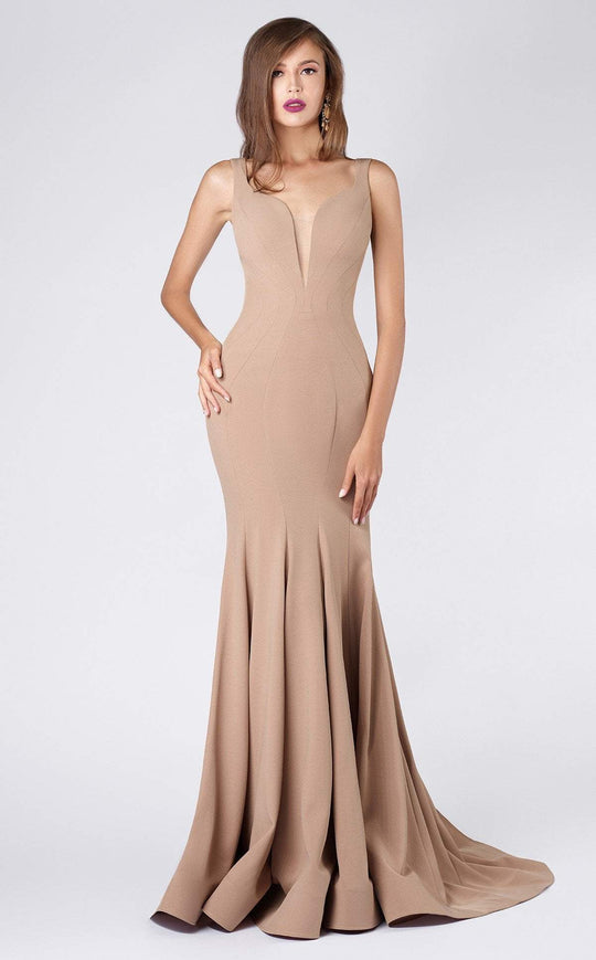 MNM COUTURE - M0008 Illusion V Neck Crepe Trumpet Evening Gown In Neutral
