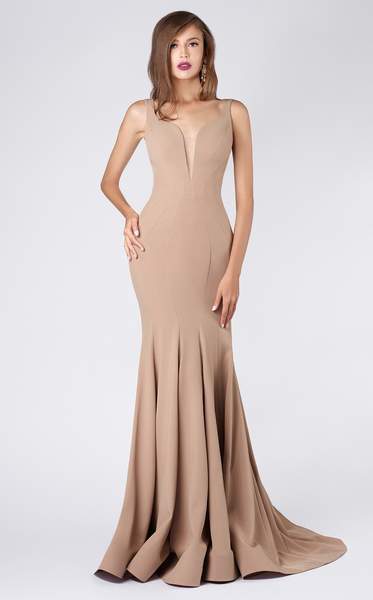 MNM COUTURE - Illusion V Neck Crepe Trumpet Evening Gown M0008 - 1 pc Mocha In Size 10 Available In Brown