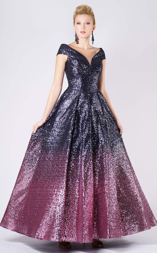 MNM COUTURE - M0009 Allover Sequin Ombre A-Line Evening Gown In Blue and Pink