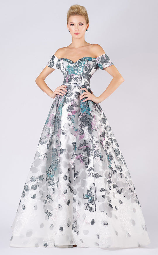 MNM COUTURE - M0049 Lace Embroidered Off-Shoulder Pleated A-line Dress In White