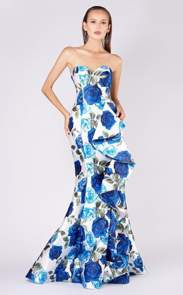 MNM COUTURE - M0055 Strapless Floral Cascading Paneled Mermaid Gown In Blue and White