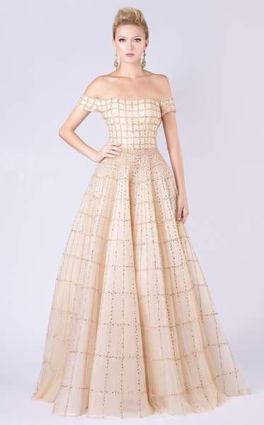 MNM COUTURE - M0057 Lattice Beaded Off Shoulder Gown In Gold