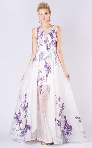 MNM COUTURE - M0058 Embroidered Lattice Illusion Overskirt Gown In White and Purple