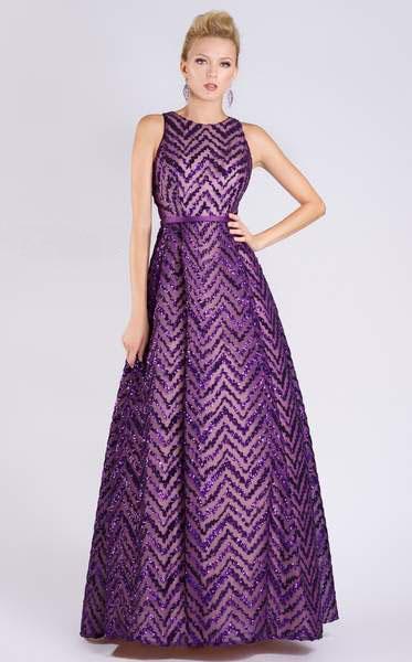 MNM COUTURE - M0065 Sleeveless Chevron Sequined Ballgown In Purple