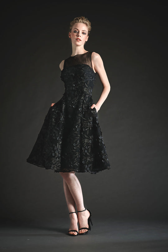 Park 108 - M124 Knee Length Flared Illusion Floral Appliqued Dress