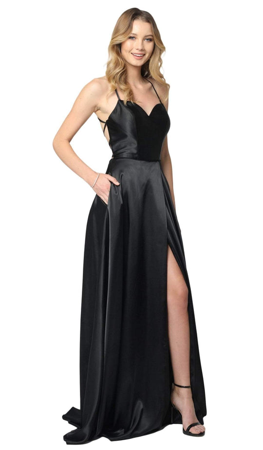 Nox Anabel - M140 Sexy Strappy Back Halter Style Satin A-Line Gown In Black
