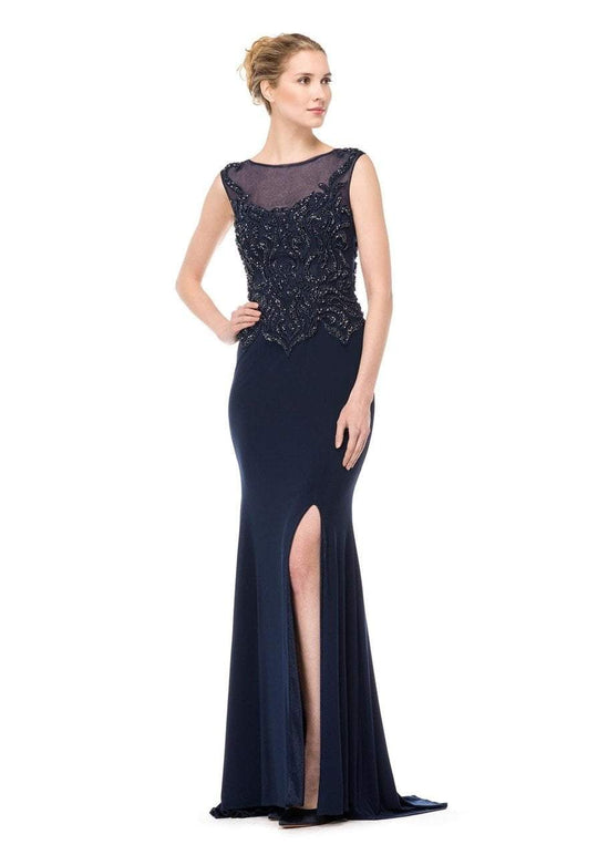 Marsoni by Colors - M155-1 Beaded Baroque Illusion Gown In Blue
