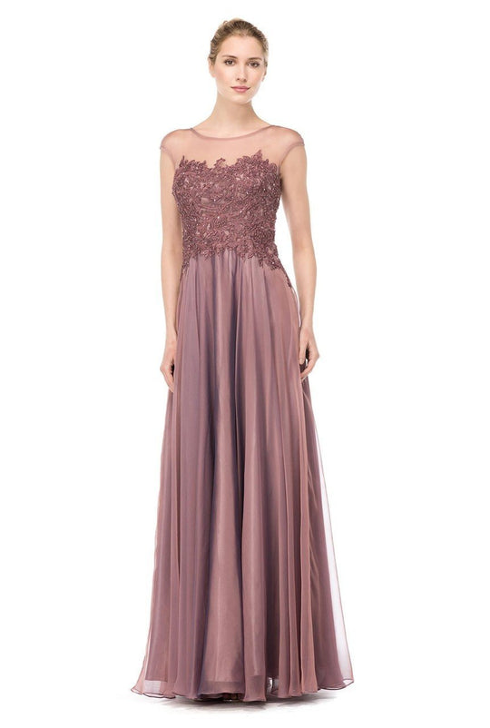 Marsoni by Colors - M164-1 Beaded Chiffon Lace Long Dress In Brown