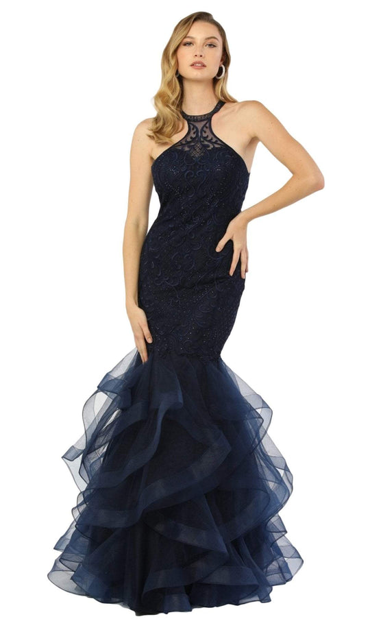 Nox Anabel - M189 Beaded Lace High Halter Tulle Mermaid Gown In Blue
