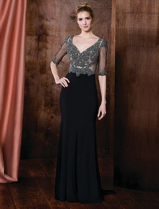 Marsoni by Colors - M192 Bejeweled V-Neck Sheath Dress in Black