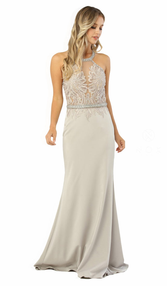 Nox Anabel - M195 Sleeveless Embroidered Halter Trumpet Dress In Silver and Pink
