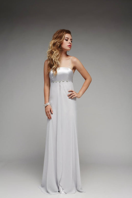 Milano Formals - F1116 Long Empire Waist Spaghetti Strap Gown in Silver