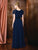 Marsoni by Colors - M205 Embellished Bateau Neck A-Line Dress  in Blue