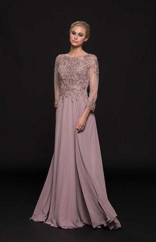 Marsoni by Colors Quarter Sleeve Embroidered Illusion Gown M217 In Purple