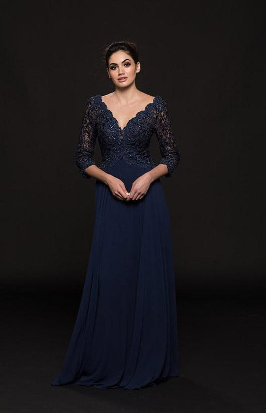 Marsoni by Colors - M225 Quarter Sleeve Scalloped Lace Gown In Blue