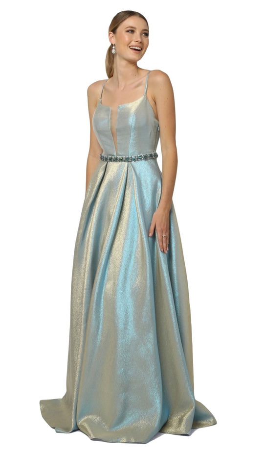 Nox Anabel - M271 Illusion Plunge Glitter A-Line Gown In Blue and Gold