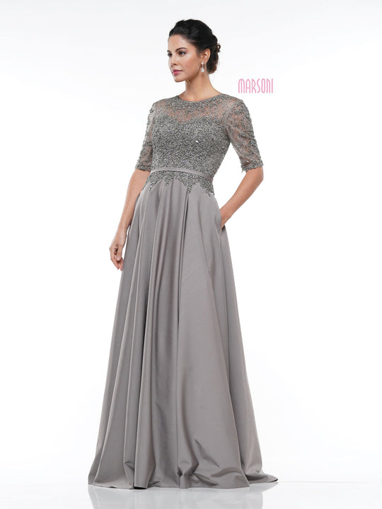 Marsoni By Colors - M278 Sheer Half Sleeve Beaded Lace Bodice Gown In Gray and Silver