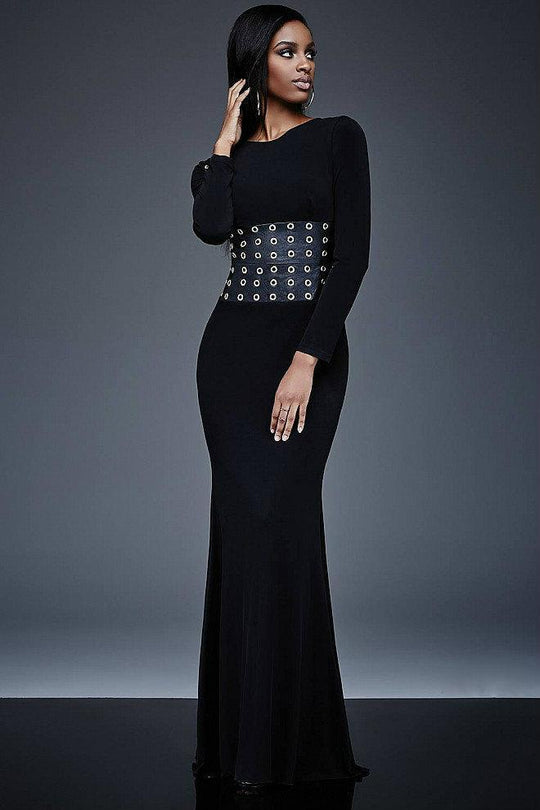Long Sleeve with Leather Waistline Black Evening Dress M309