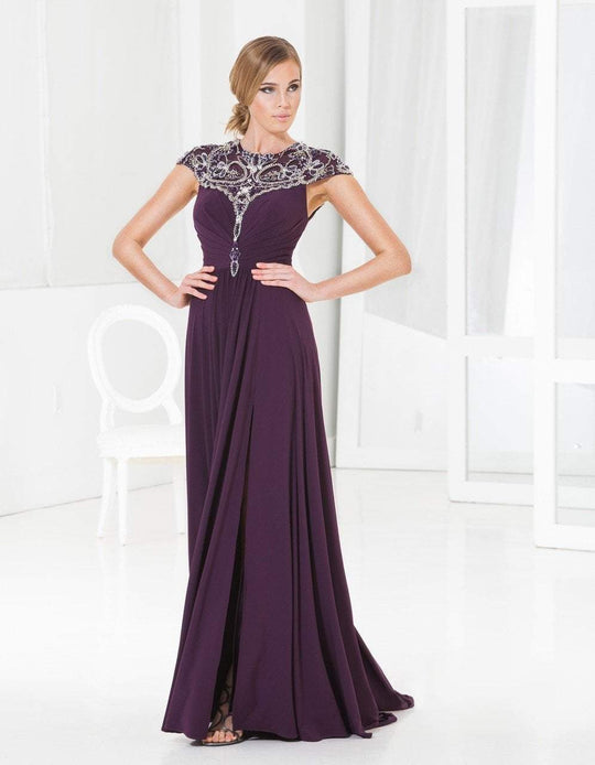 Terani Couture - Embellished Jewel Neck A-Line Dress M3827W in Purple