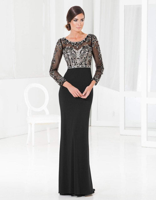 Terani Couture - M3829W Embellished Scoop Neck Sheath Gown in Black