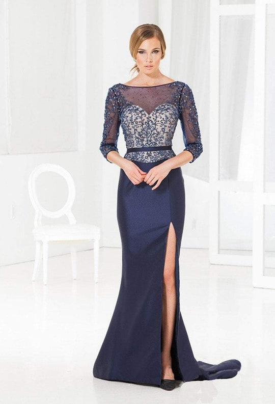 Terani Couture - M3847 Beaded Quarter Length Sleeves Trumpet Gown in Blue and Neutral