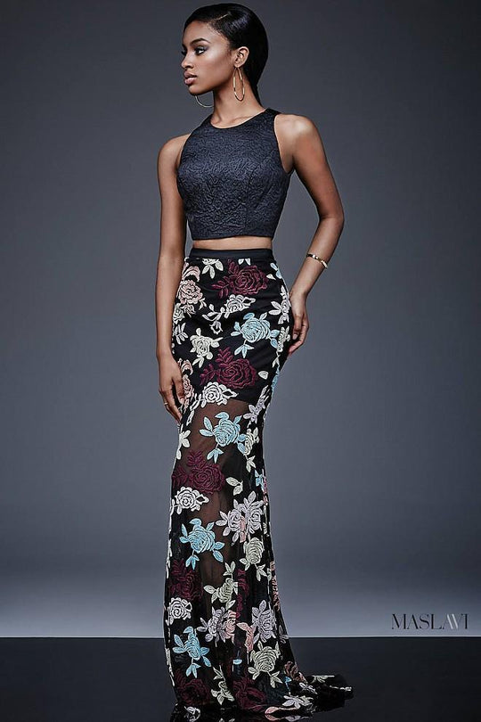 Scoop Neck and Floral Print Two-Piece Evening Dress  M405