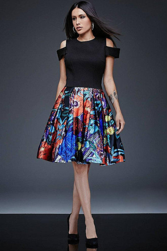 Black Top with Print Satin Fit and Flare Dress  M504