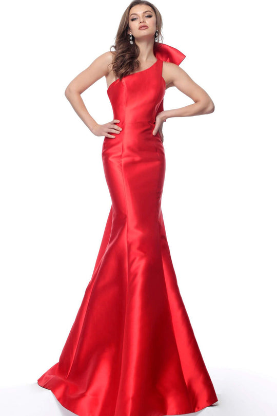 Jovani - 62463 One Shoulder Sleeveless Evening Gown with Bow Accent In Red