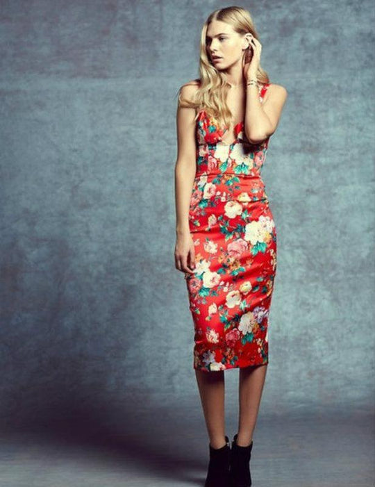 Again Collection - Red Print, Dylan Structured Pencil Dress in Red and Print