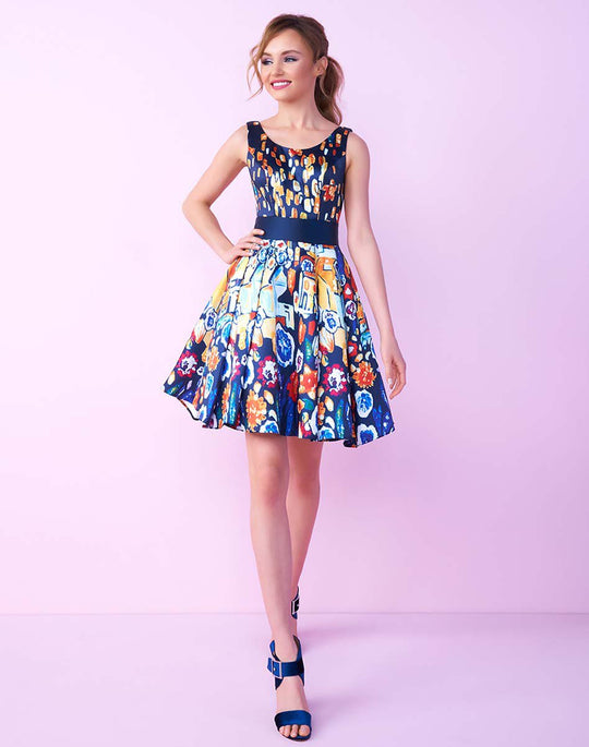 Mac Duggal Homecoming - 20081N Sleeveless Scoop Printed Cocktail Dress in Blue