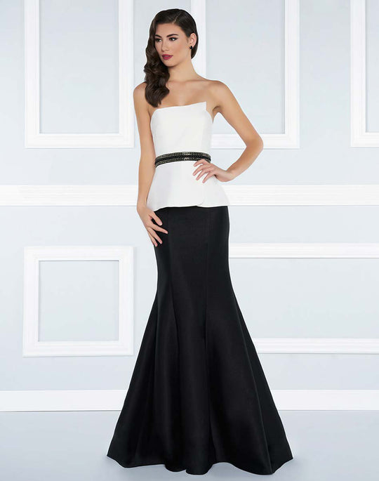 Mac Duggal Black White Red - 25303R Mermaid Gown with Beaded Belt in White and Black