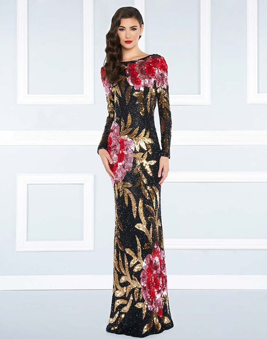 Mac Duggal Black White Red - 4566R Bateau Multi-Color Long Dress in Black and Multi-Color