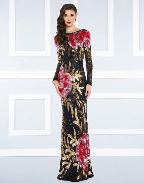 Mac Duggal - Bateau Multi-Color Long Dress 4566R In Black and Multi-Color